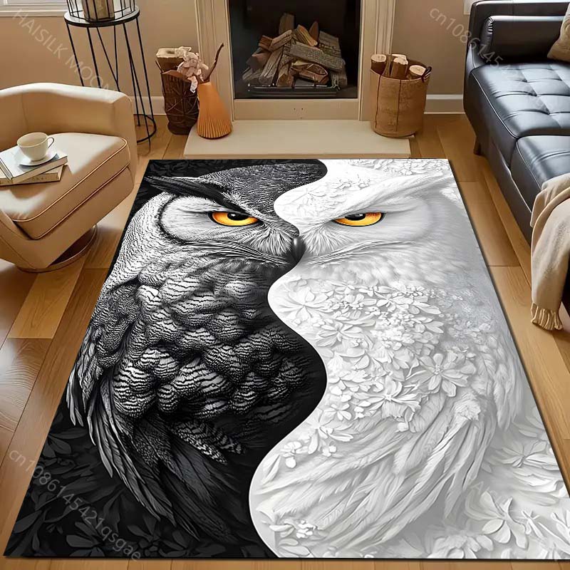 Black and White Owl Art Print Carpet for Bedroom Living Room Bedside Sofa Floor Mat Modern Home Decor Area Rug Machine Wash