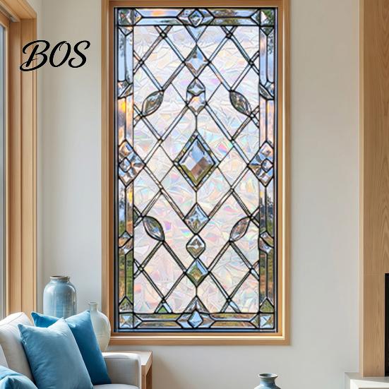 Frosted Window Film Stained Glass Film, Geometric Patterns Clings, Decorative Rainbow Static Electrostatic Cling Sticker, UV Block Heat Control