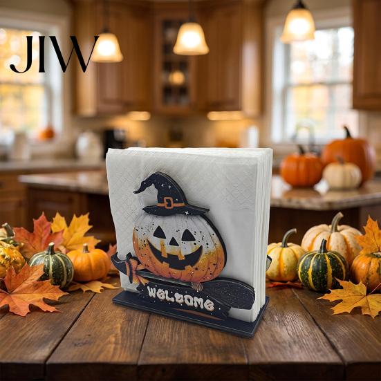 Halloween Napkin Holder Wooden Holder, Ghost Pumpkin Decorative Tabletop Tissue Dispenser, Rustic Kitchen Counter Storage Paper Organizer for Holiday