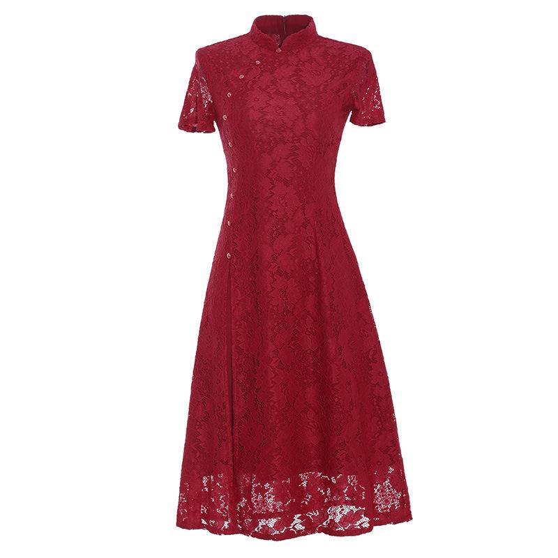 Кружевное повседневное платье Cheongsam средней длины Ao Dai, улучшенное тонкое платье в китайском стиле в стиле ретро