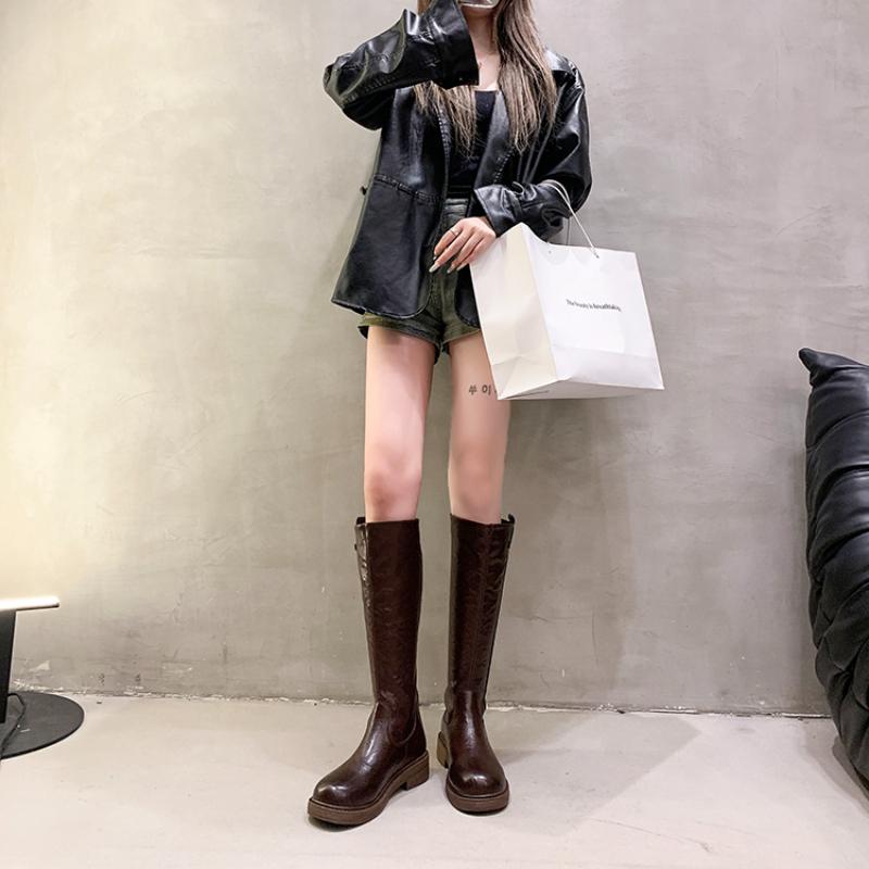 Женские сапоги до колена Весна/Осень На толстой подошве Высокие ботинки Боковая молния Рыцарские сапоги Квадратный каблук Женская обувь Botas Mujer