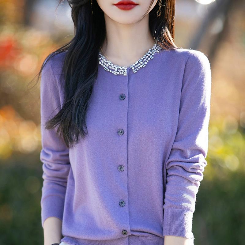Autumn And Winter New Silk Wool Cardigan Women'S Crew Neck Crystal Diamond Sweater Loose Knit Backing Jacket Top