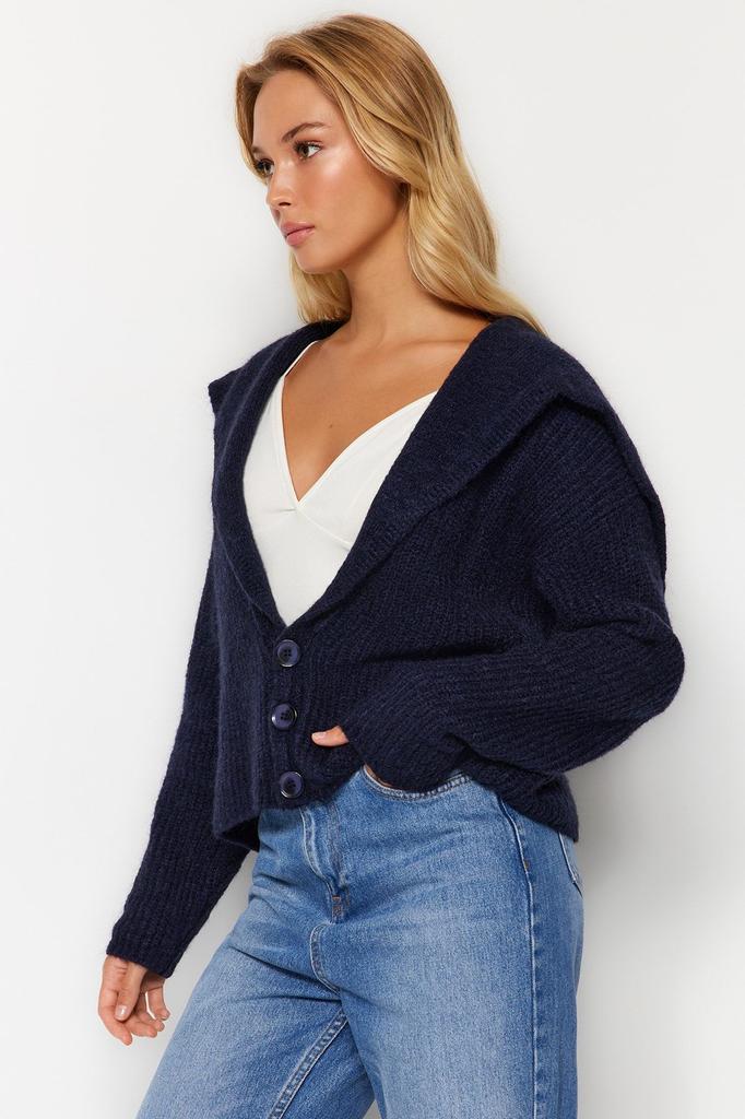 Женский элегантный кардиган, темно-синий, мягкий текстурированный трикотаж с воротником-бассейном, кардиган