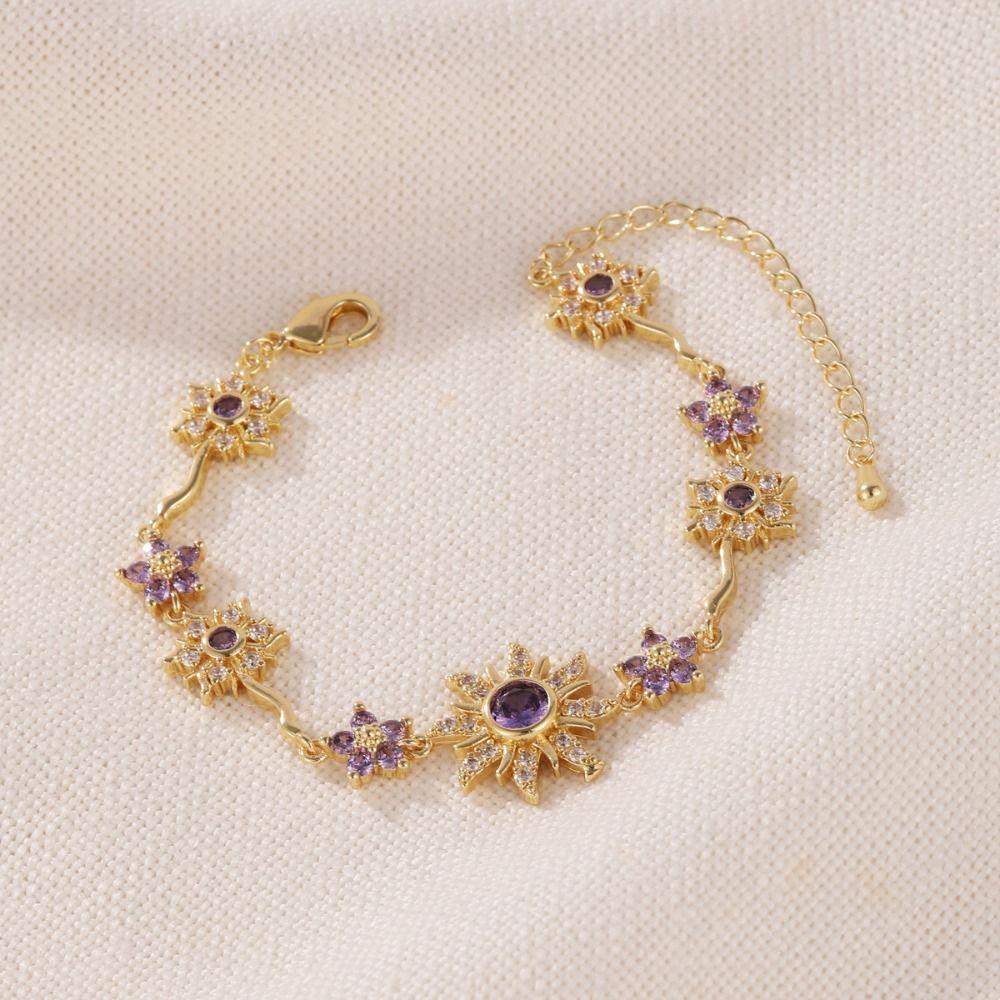 Luxury Sunflower Bracelet Fashion Shiny Rhinestone Bangle Pink Cubic Zirconia Chain Wedding