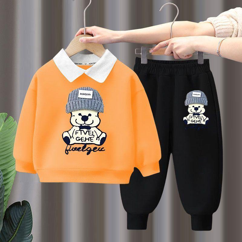 Детская одежда для мальчиков и девочек, осенний комплект из 2 предметов: свитер с длинным рукавом и брюки, спортивный костюм с отложным воротником, детский спортивный костюм с медведем