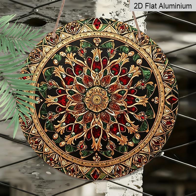 2D Flat 1pc, Vintage Gold Red Gem Mandala Floral Ornate Style, Circular Metal Wall Hanging Decor For Farmhouse Living Room Bohemian Porch Indoor