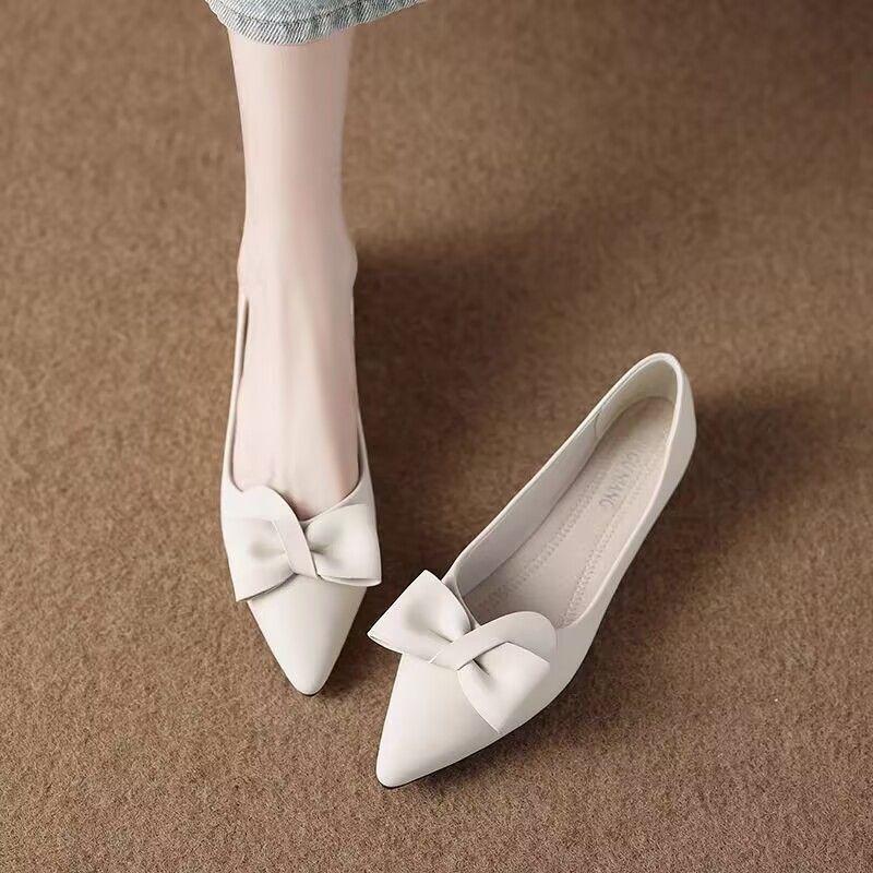 Нежные, неглубокие, красивые, одинарные туфли, женские, 2025, новые, остроносые, на плоской подошве, супермягкие, женские туфли с французским бантом, обувь для беременных
