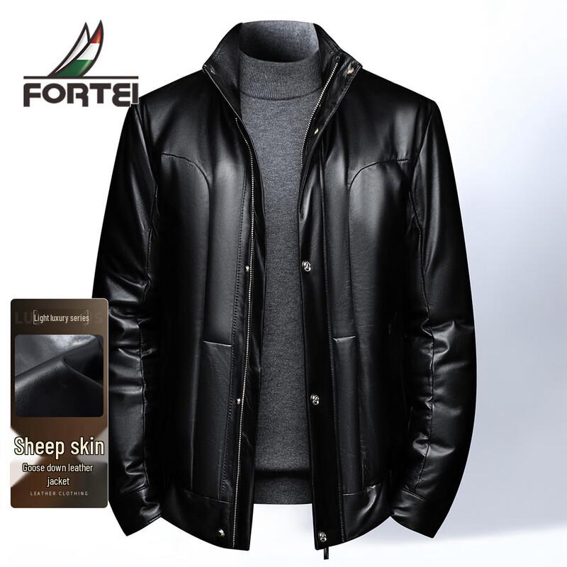Futing Мужская зимняя кожаная куртка из овчины и гусиного пуха со стойкой