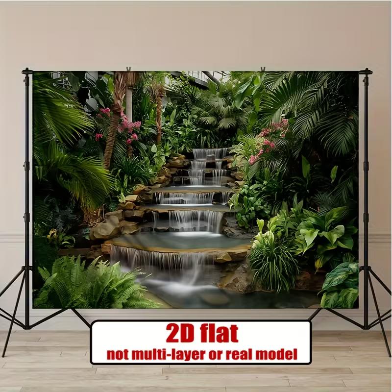 2D Garden Waterfall Backdrop, Tropical Plants & Cascading Waterfall Background Cloth