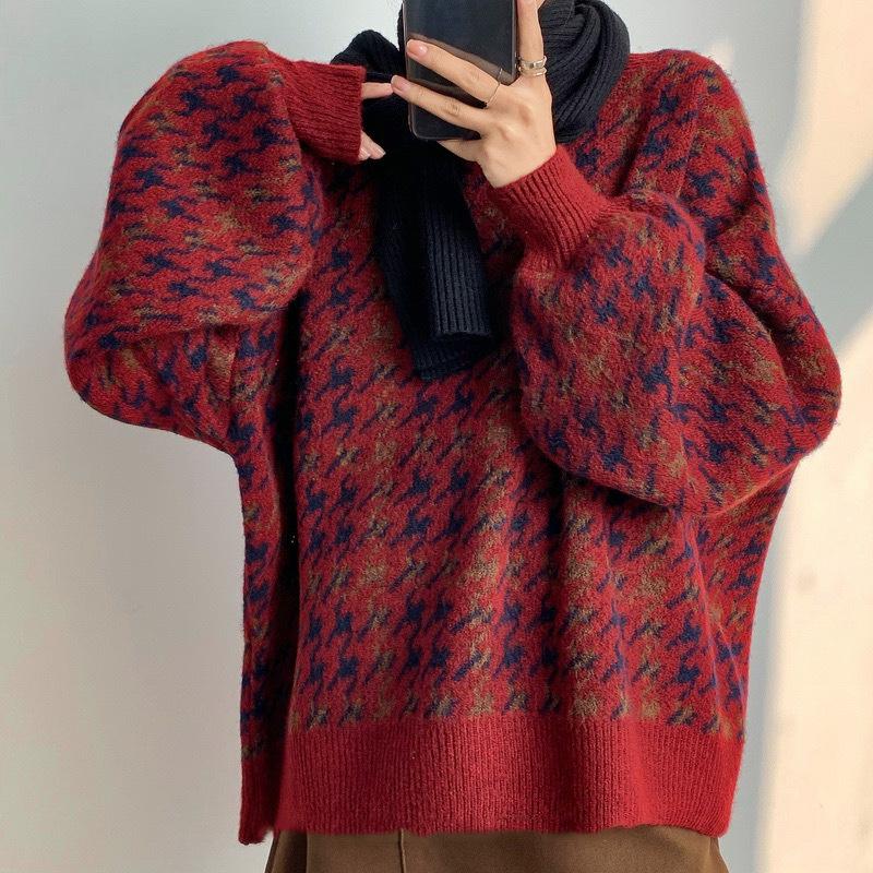 INDFS Women's Fashion Casual Fall Winter Houndstooth Print Long Sleeve O-Neck Sweaters