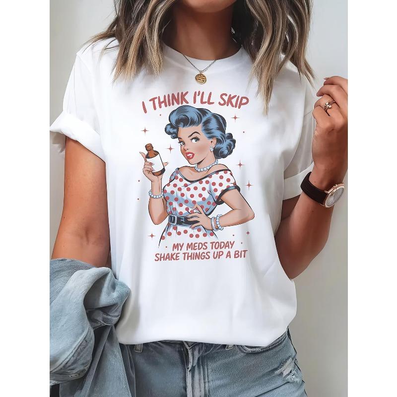 Европейские размеры Женская забавная саркастическая ретро-футболка в стиле пин-ап "Я ДУМАЮ, я сегодня пропущу свои лекарства" - Винтажная комиксная футболка с дизайном в виде платья в красный горошек