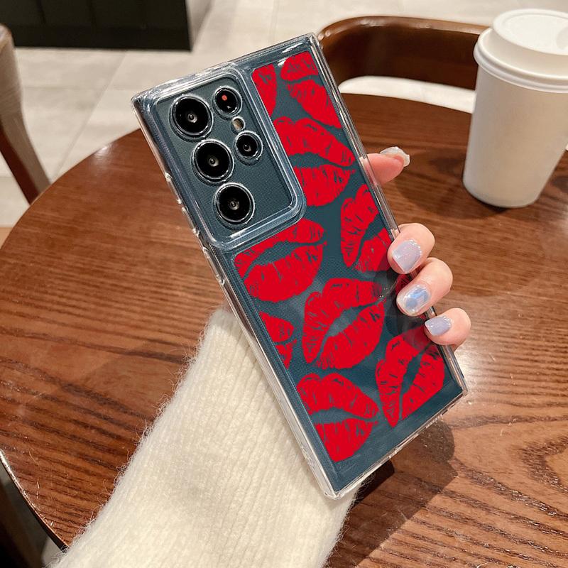 Противоударный силиконовый чехол для телефона Samsung S24 S23 Ultra S22 S21 Plus S20 FE A55 A54 A53 A52 A35 A34 A14, мягкий прозрачный чехол с цветным рисунком губ