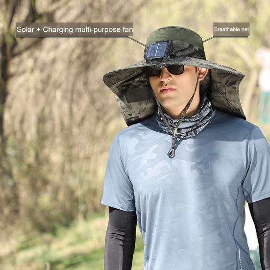 Мужская рыбацкая шляпа с солнечным вентилятором, ветрозащитный ремешок с большими полями, зарядка через USB, защита от ультрафиолета и солнечного света, быстрая сушка, отличная воздухопроницаемость, рыбалка на открытом воздухе