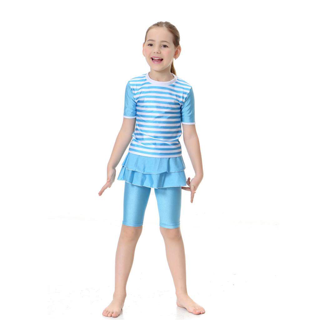 Girls Muslim Swimwears Split Two-piece Swimming Suit Short Sleeve Striped Kids Swimsuit