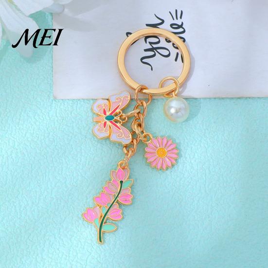 Keychain Pendant with Round Imitation Pearls, Flower Butterfly Enamel Charm Zinc Alloy Key Ring, Pastoral Style Layered Holder Decorative