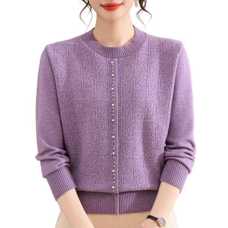 Autumn Round Neck Beaded Sweater Women's Bottoming Shirt New Fashion Age-reducing Mother Knitted Sweater Women's Top
