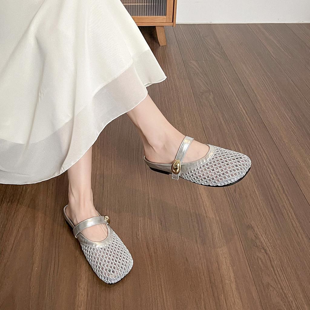 Silver Hollow Breathable Bag Head Half Slippers Women's Summer One Pedal Woven Fishing Net Sandals