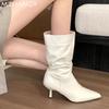 Модные женские ботинки до середины икры с острым носком, кожаные, сексуальные, на высоком каблуке, плиссированные туфли, женский тренд 2024, зимние элегантные туфли-лодочки Mujer Botas