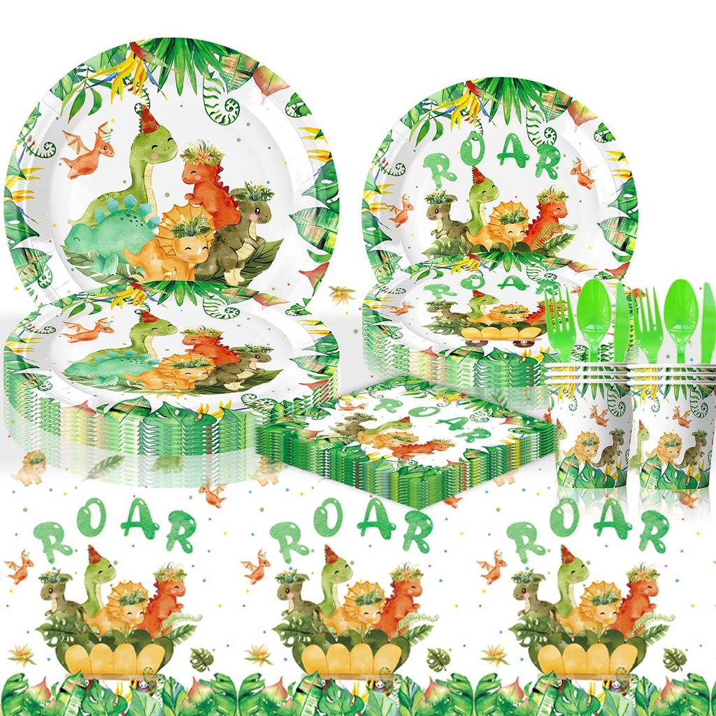 Jungle Dinosaur Party Disposable Tableware Set Green Dino Roar Paper Plates Happy Kids Jungle Dino 1st Birthday Party Decoration