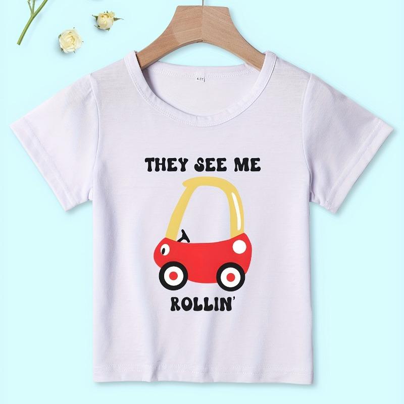 Kids Crewneck Short Sleeve Tee, "They See Me Rollin'" Letter Print Casual Top