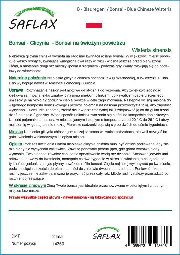 SAFLAX Garden in the Bag - Бонсай - Глициния китайская голубая - 4 семени - С субстратом в подходящем пакете - Wisteria sinensis