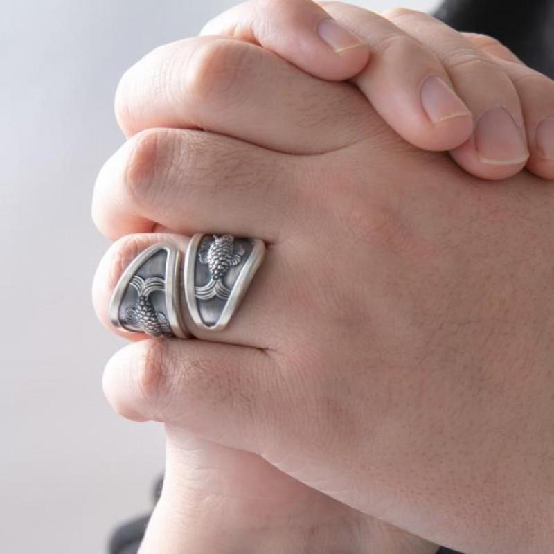 Adjustable Wide Band Ring Men Women Sterling Geometric Fish Motif Vintage Style Unisex Finger