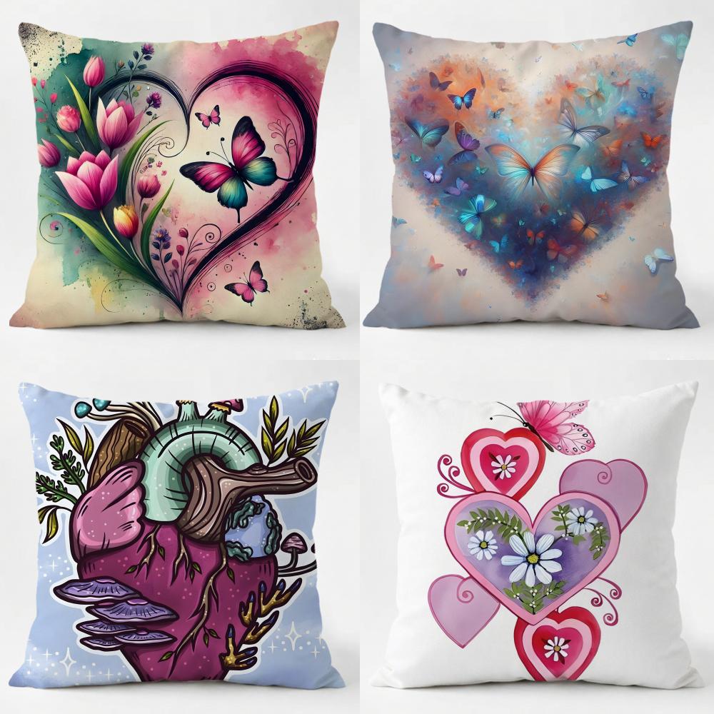 AAbstract Floral Heart Mushroom Pillow Art Cushion Cover Daily Washable Linen Pillowcase Soft for Sofa Bed Home Room Decor