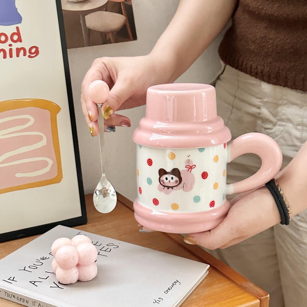 Cute Polka Doll Puppy Kettle Cup Ceramic Mug with Lid Spoon Couple Home Coffee Breakfast Cup Souvenir Gift