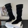 Дизайн Плиссированные Женские Сапоги до Колена Мода Острый Носок Длинные Ботильоны Осень Зима Квадратный Каблук Стройнящая Обувь