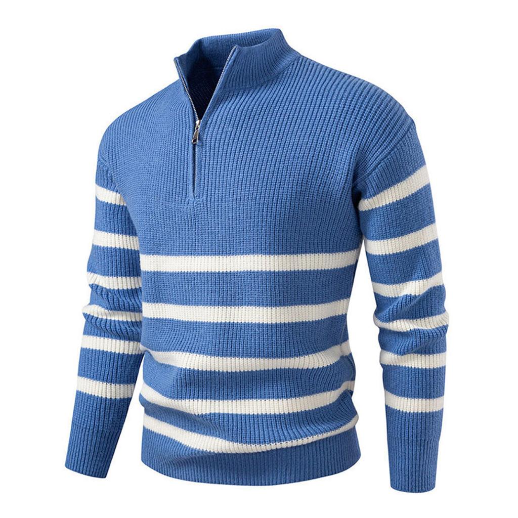 Men's Round Neck Striped Colorblock Sweater Sweater Half Zip Stand Collar Inner Slim Pullover Sweater