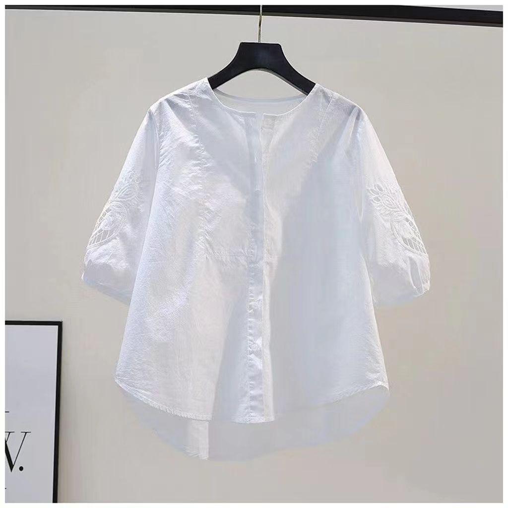 Фиолетовая полая хлопковая рубашка с вышивкой, женская летняя дизайнерская свободная рубашка с круглым вырезом, топ