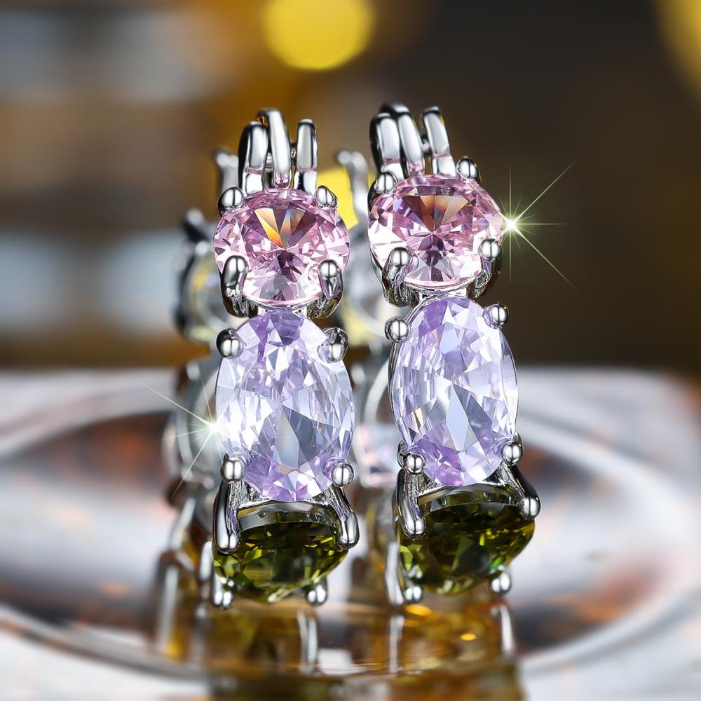 Creative Pink Purple Olive Green Zircon Hoop Earrings Women's Silver Color Circle Earrings Party Wedding Jewelry Gifts