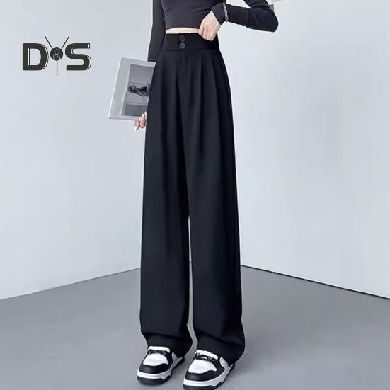 Women Pants High Waist Straight Wide Leg Trousers with Pockets Button Zipper Fly Solid Color Loose Fit Suit Pants Work Wear