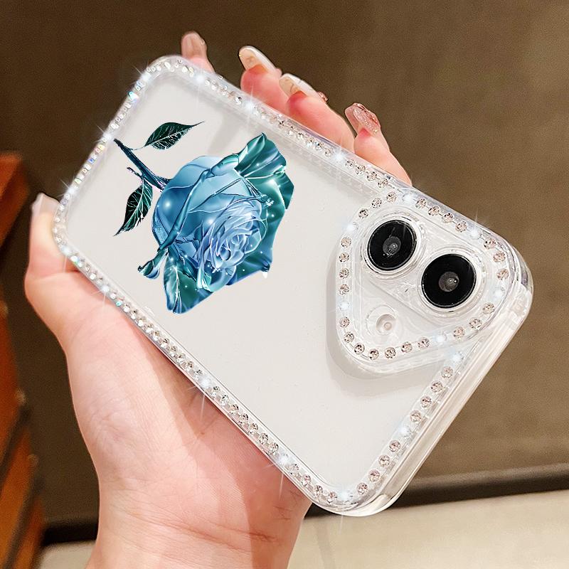 Прозрачный чехол для телефона с цветочным принтом Crystal Rose для iPhone 16E 16 Pro 15 Pro Max 14 13 12 11 Diamond Frame, мягкий силиконовый противоударный прозрачный чехол-бампер