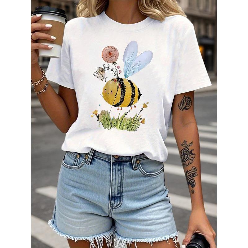 Flower Carrying Bee Whimsical Illustration Graphic Print T-Shirt, Short Sleeve Crew Neck Casual Top for Summer and Spring, Women'S Clothing