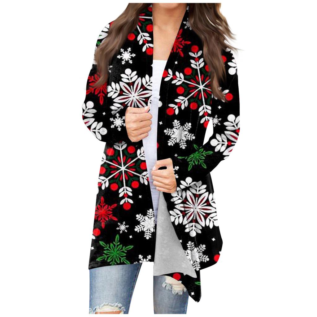 Women's Fashion Casual Christmas Print Medium Length Cardigan Jacket Coat