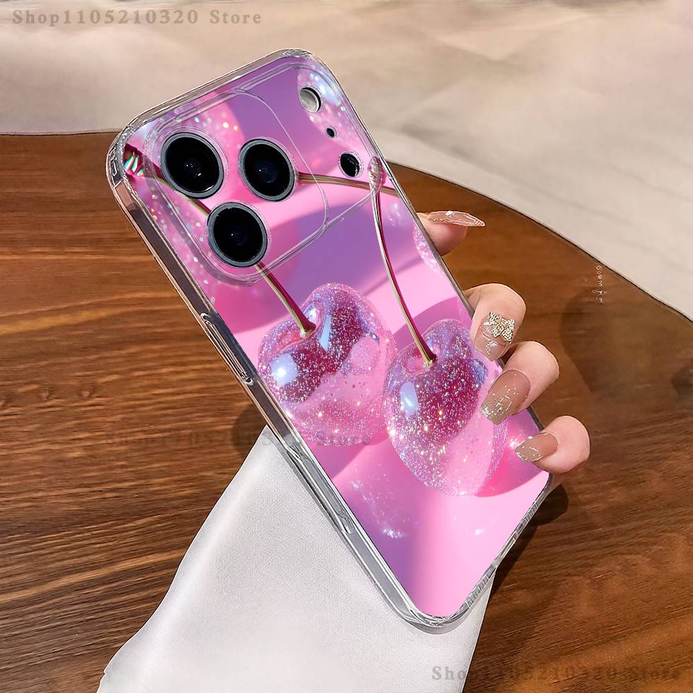 Прозрачный чехол для телефона с кристаллами и вишней для iPhone 17,16,15,14,13,12,11 Pro,Max,Plus,XR,Mini,E, Полное покрытие, Мягкий чехол