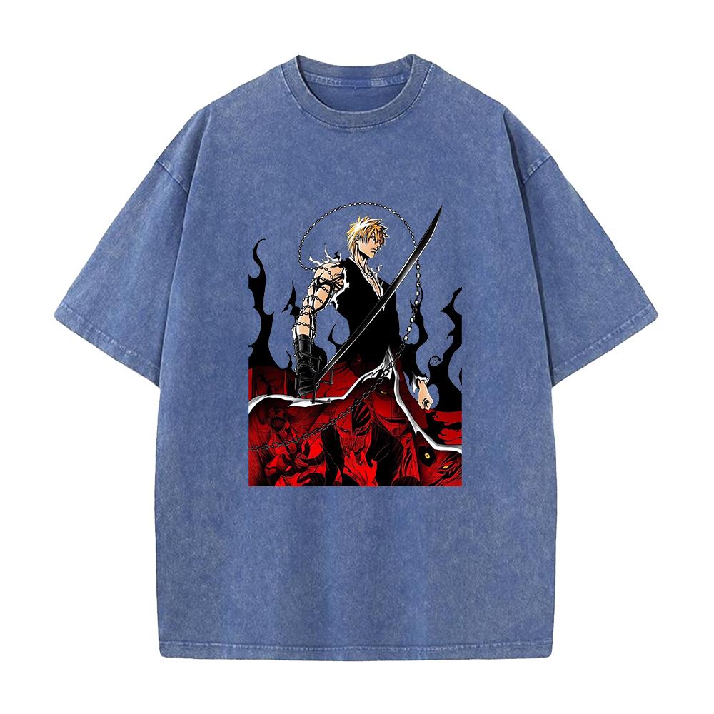Kurosaki Ichigo BLEACH Clothing Men Women Short Sleeve Manga Tshirts Vintage Washed T Shirt Casual Cotton Tee Harajuku Tshirt