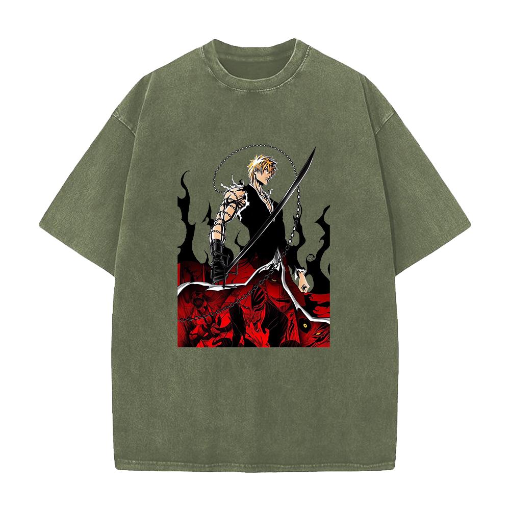 Kurosaki Ichigo BLEACH Clothing Men Women Short Sleeve Manga Tshirts Vintage Washed T Shirt Casual Cotton Tee Harajuku Tshirt