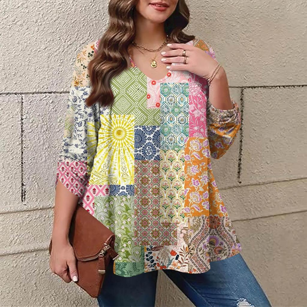 Women's Plus Size Fashion Printed Casual Pleated Round Neck Long Sleeve Top