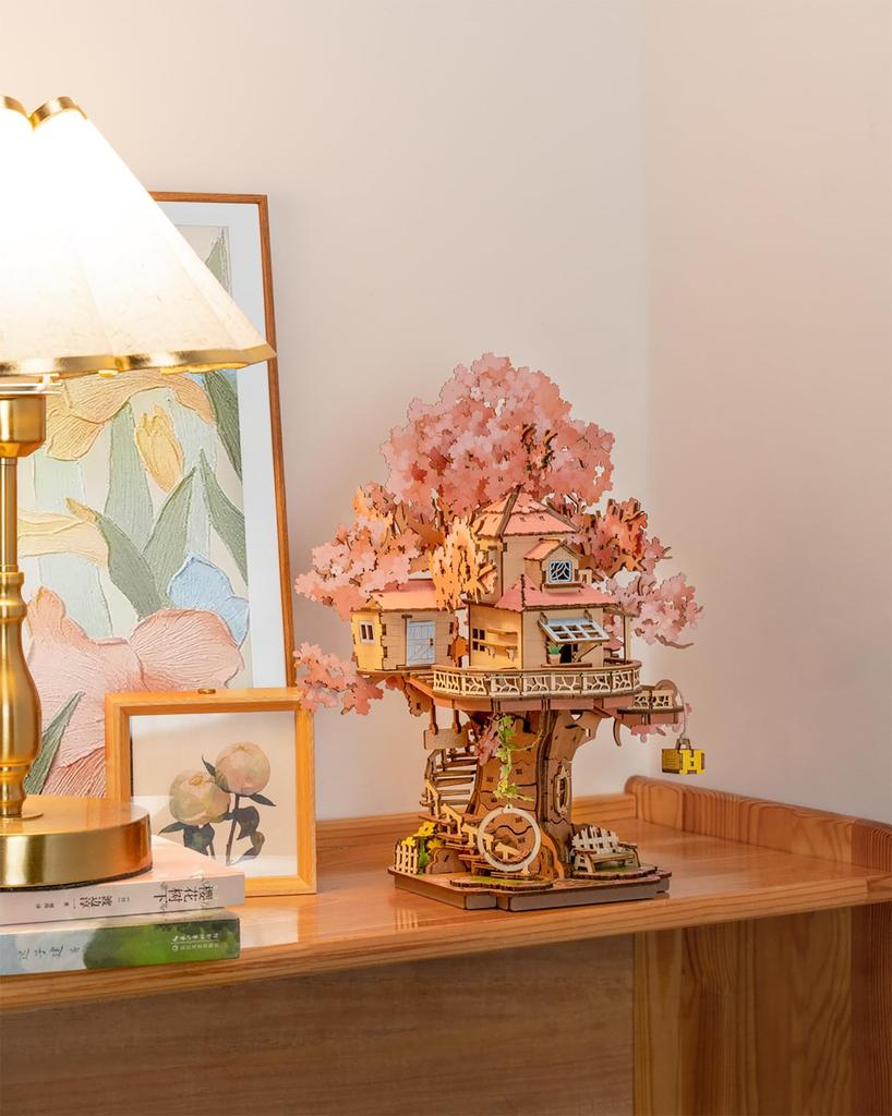 ROBOTIME 3D Wooden Puzzle, Cherry Blossom Tree House, Assembly Kit, DIY Craft, Mechanical Model, Japanese-Style Decor, Time-Killer, Educational Toy