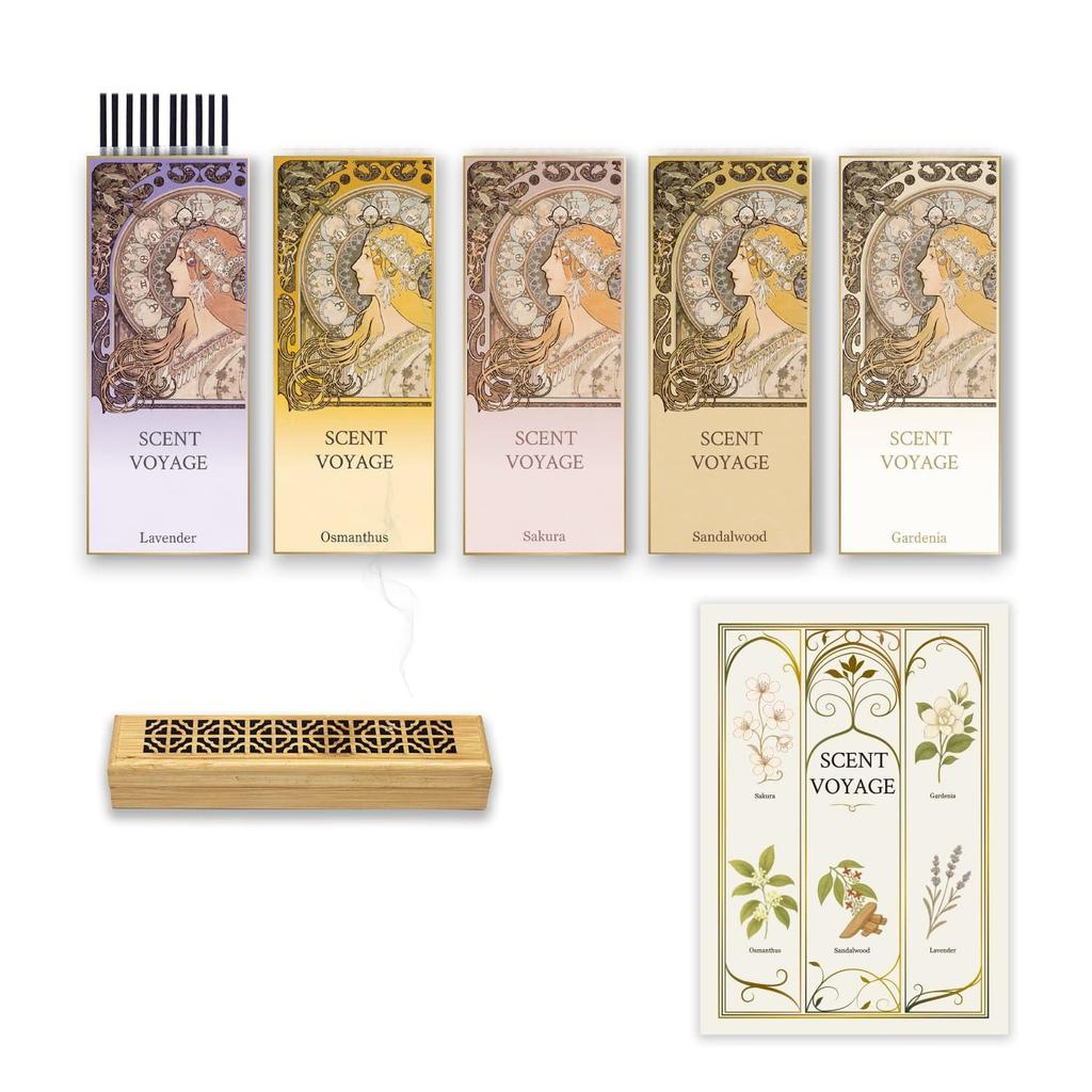 Five flavors of incense, including osmanthus, sandalwood, and cherry blossom. Low-smoke, soothing scents. Includes a short incense burner to prevent