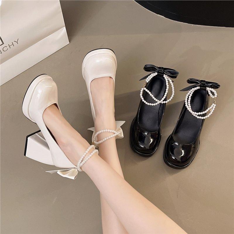 Туфли Мэри Джейн женские весна и осень 2025 новые жемчужный бант одинарные туфли круглый носок толстый каблук водонепроницаемая платформа высокий каблук женские