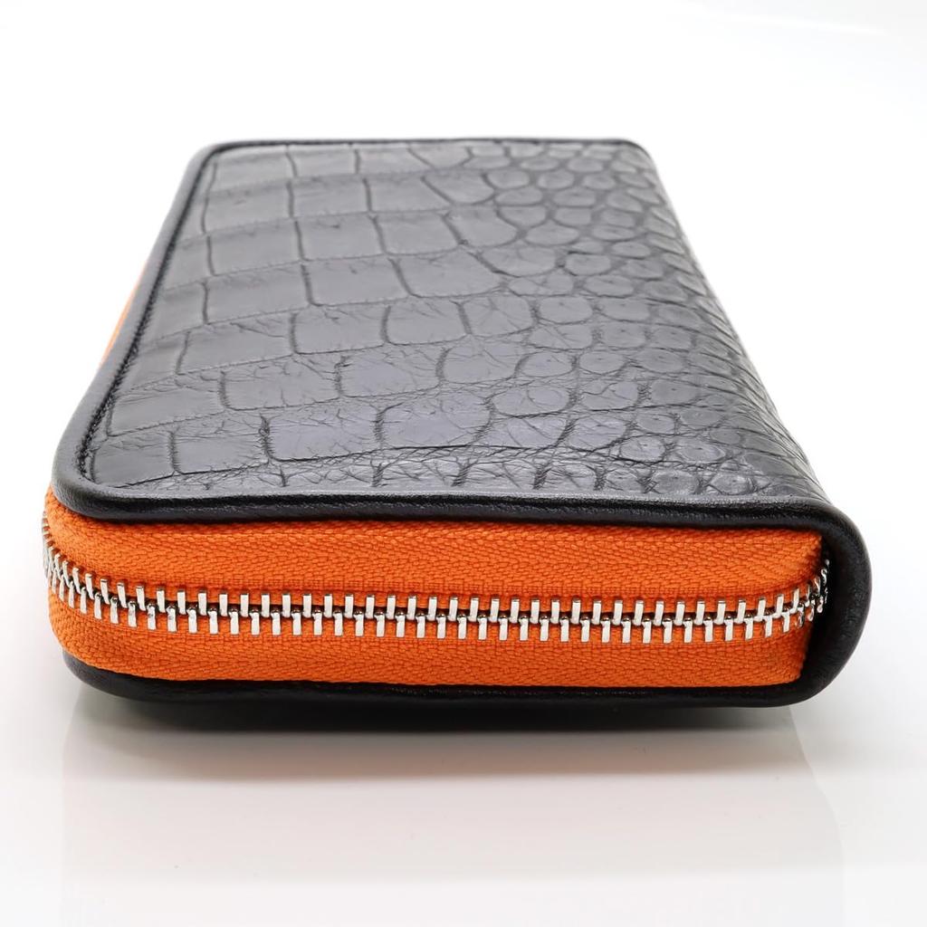 [Revetta] Мужской длинный кошелек из кожи крокодила, Черно-оранжевый, Изготовлен из цельного куска натуральной кожи с круглой молнией и матовой отделкой [244crw]