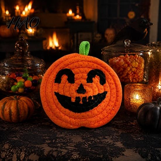Pumpkin Shaped Kitchen Mats Halloween Cotton Rope Coaster, Handwoven Placemat with Funny Face, Iron Woven Table Protectors Craft Mat for Mug