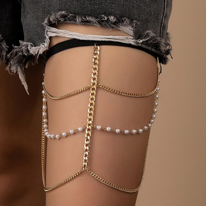 Multiple Layer Pearl Thigh Chain Anti-Slip Elastic Leg Chain Summer Seaside Nightclub Leg Accessories for Hot Girls