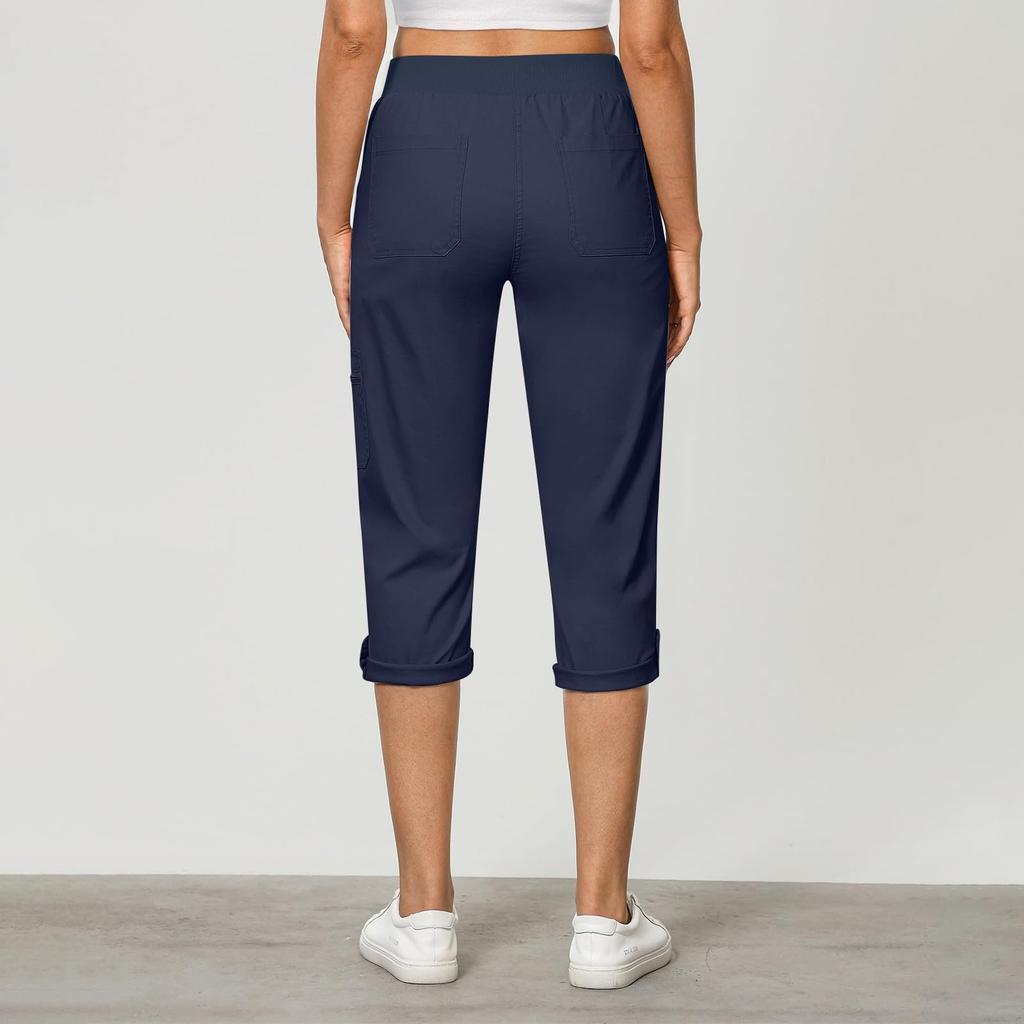 Женские модные однотонные рабочие брюки с эластичным поясом и карманами, укороченные повседневные брюки для бега