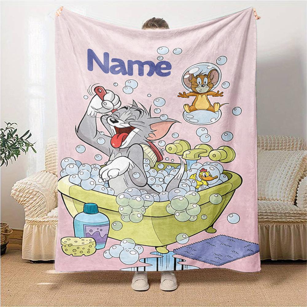 Custom Name Tom Jerry Bath Time blanket for Couch & Bed, Plush Cozy Fuzzy Blanket Super Soft & Warm Blankets for Fall and Winter. 0908159
