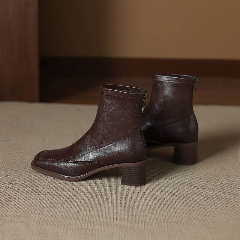 Krazing Pot Микрофибра Квадратный Носок Толстый Каблук Ботильоны Челси Размер 42 Молния Женские Плиссированная Отделка Эластичные Ботильоны