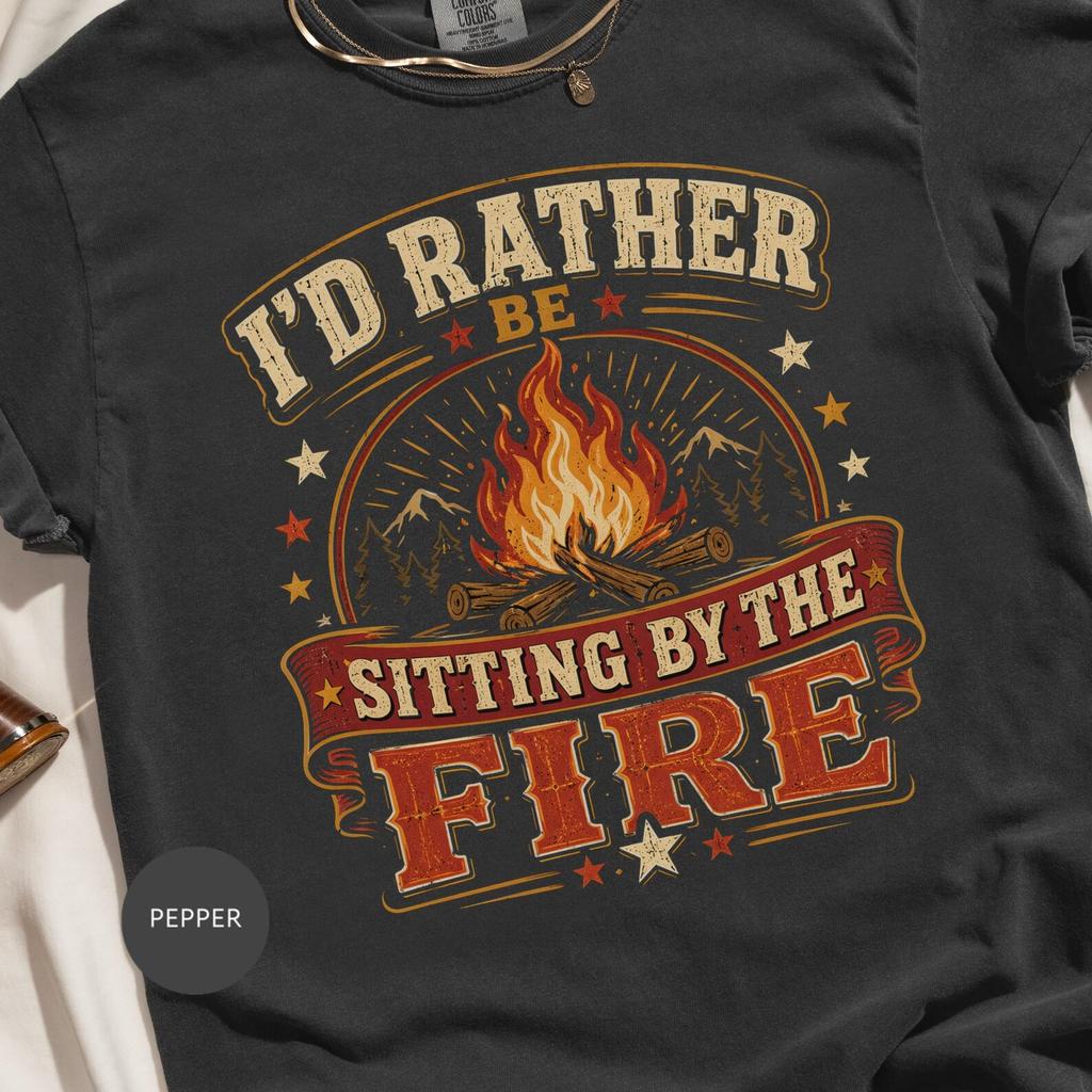 I'd Rather Be Sitting by the Fire Camping T-Shirt | Rustic Campfire Shirt, Outdoor Adventure Tee, Nature Lover Gift